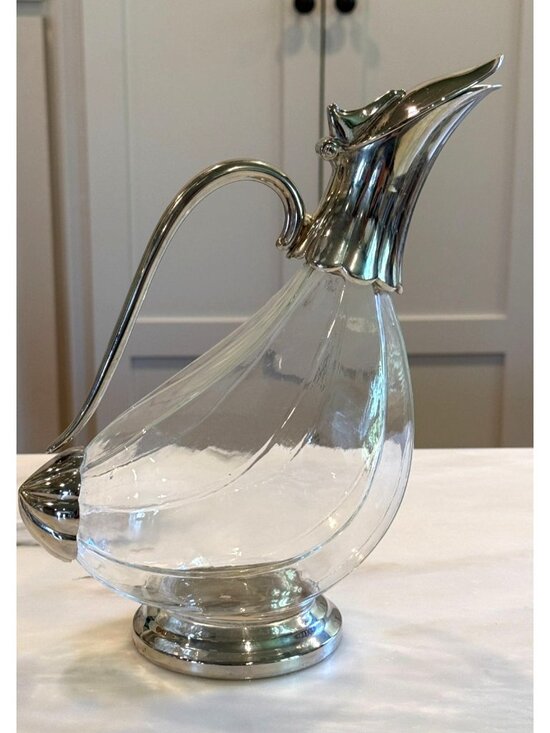 Other - Vintage Glass Pitcher Silver Plate Swan Duck Ewer Decanter